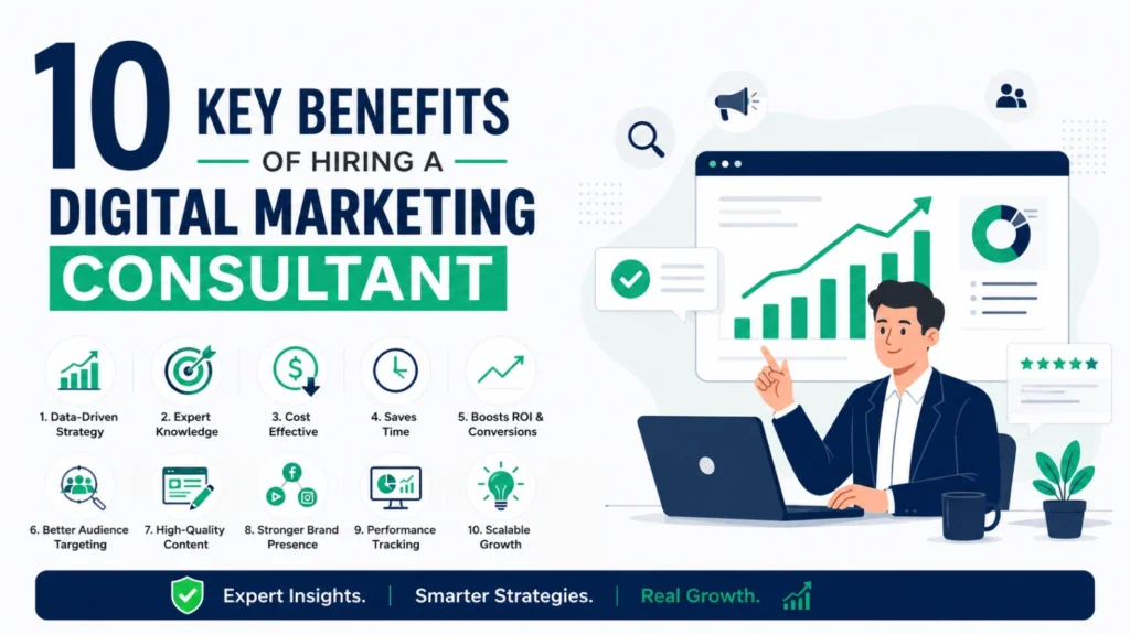 Illustration highlighting the top benefits of hiring the Best Digital Marketing Consultant, including strategy, audience targeting, ROI, analytics, and scalable growth.