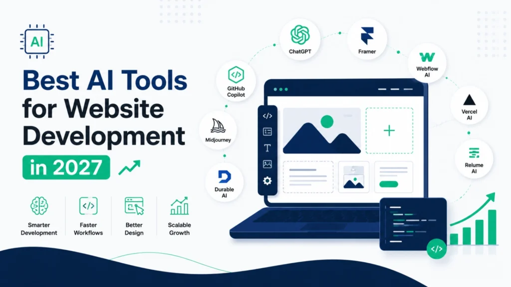 Illustration showcasing the Best AI Website Development Tools including ChatGPT, GitHub Copilot, Webflow AI, Framer, Vercel AI, Durable AI, Midjourney, and Relume AI for modern website design and development.