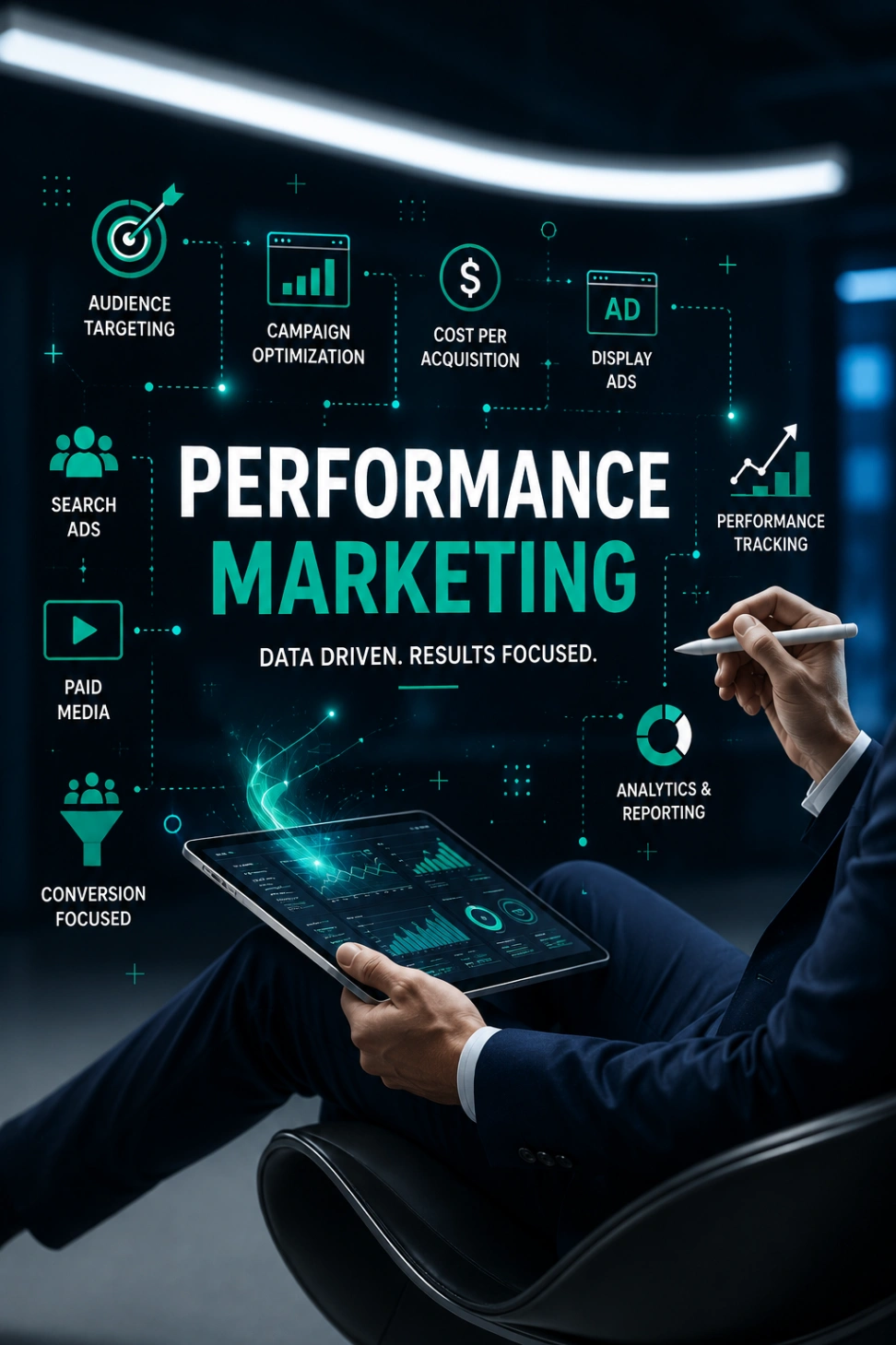 Performance marketing illustration showing campaign optimization, audience targeting, paid media, analytics, and ROI tracking by the Best Performance Marketing Consaltant.