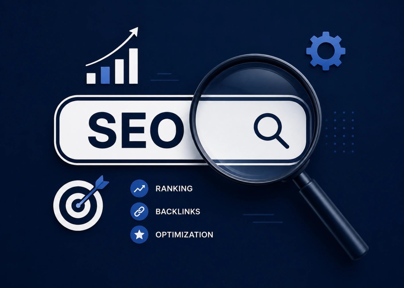 SEO illustration featuring a search bar, magnifying glass, ranking chart, backlinks, and optimization by the Best SEO Conasaltant.