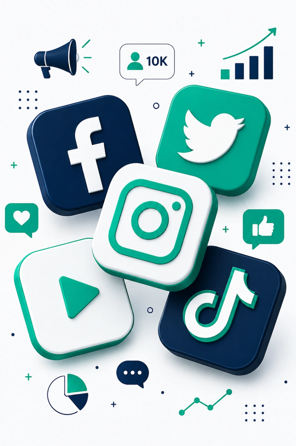 3D illustration featuring social media platform icons, engagement metrics, and branding by the Best Social Media Marketing Agency.
