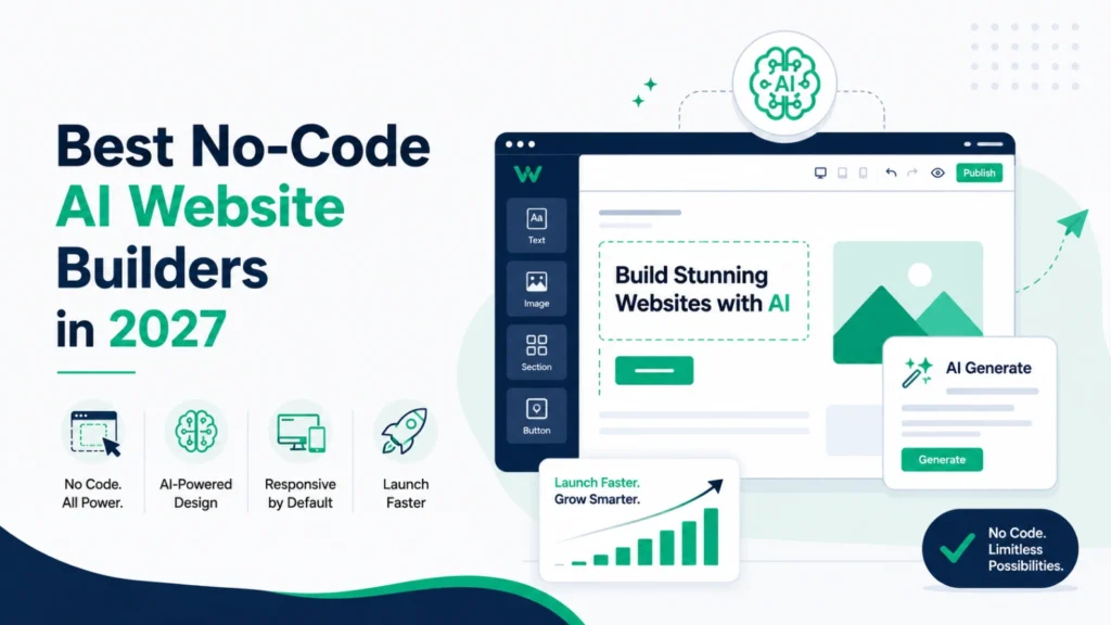 Illustration showcasing the Best No-Code AI Website Builders with AI-powered website generation, responsive design, drag-and-drop editor, automated content creation, and fast website publishing.