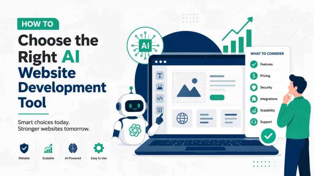 AI website development illustration showing a user comparing AI website builder features, pricing, security, integrations, scalability, and support to choose the best development tool.