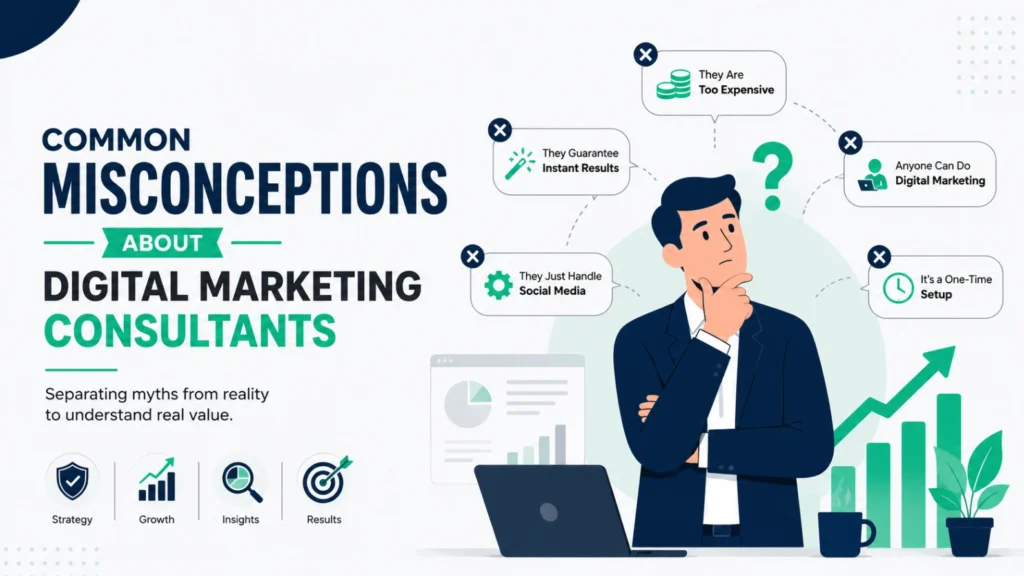 Illustration of business owner evaluating common misconceptions about digital marketing consultants with growth charts, strategy icons, and analytics.