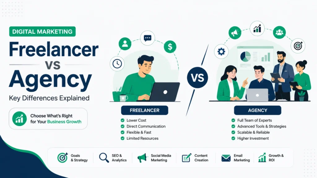 Illustration comparing a digital marketing freelancer and a digital marketing agency, highlighting cost, flexibility, expertise, scalability, SEO, social media marketing, and business growth.