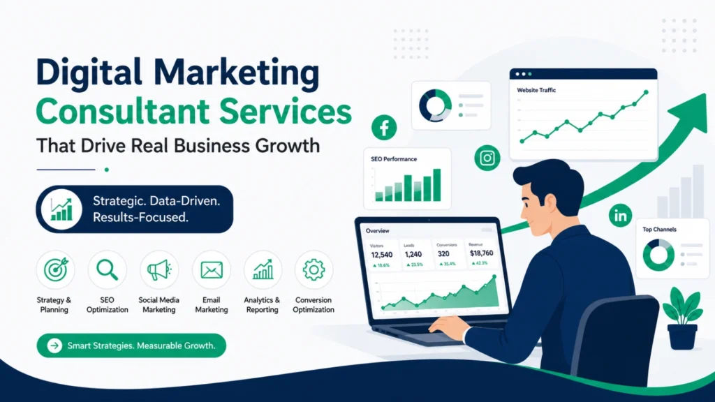 Business illustration showing digital marketing consultant services with SEO, social media, analytics, email marketing, conversion optimization, and growth dashboards.