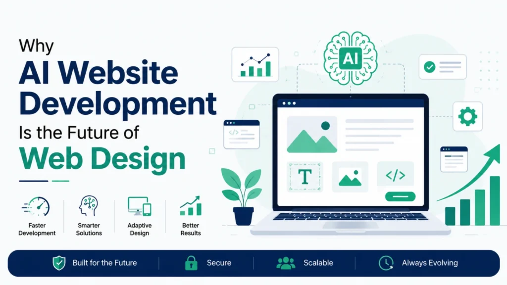 Modern AI Website Development illustration showing AI-powered web design, adaptive layouts, automation, faster development, secure websites, and scalable digital solutions.