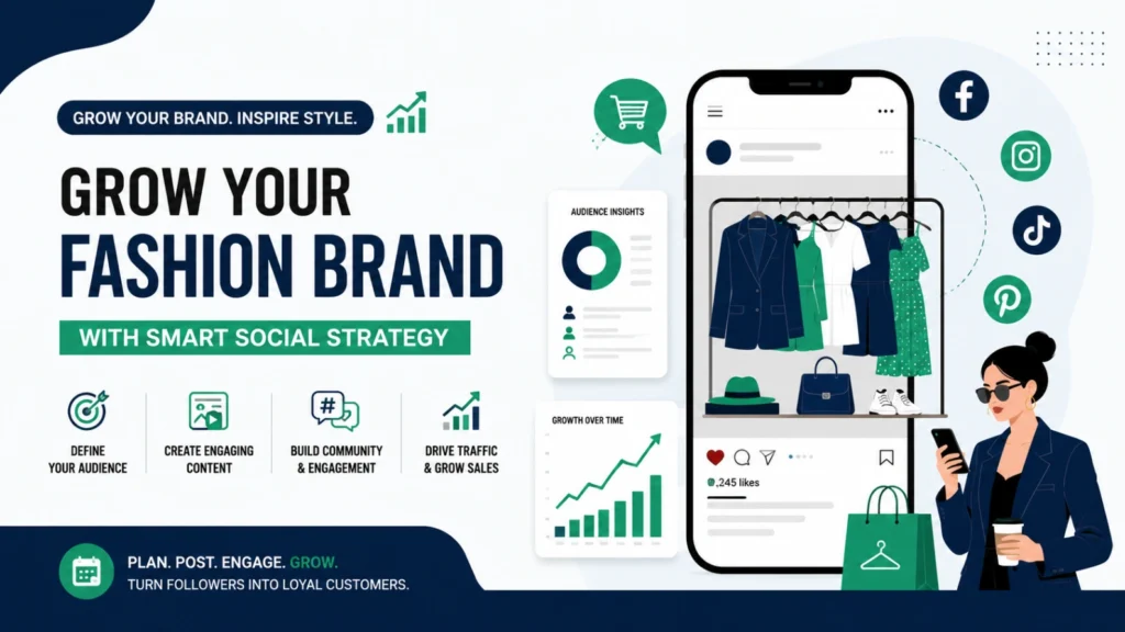 Illustration of a fashion brand using a social media strategy to promote clothing products, engage audiences, and increase online sales across Instagram, Facebook, TikTok, and Pinterest.