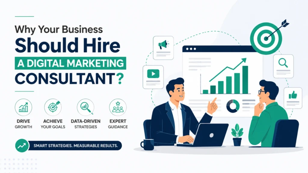 Business consultant presenting digital marketing strategies with analytics dashboard, growth charts, campaign planning, and performance optimization.