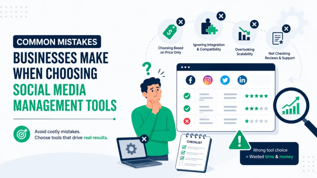 Illustration showing common mistakes businesses make when selecting social media management software, including pricing, compatibility, reviews, and scalability.