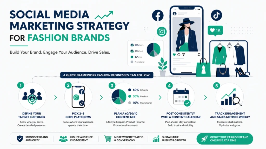 Illustration showing fashion brand marketing strategies for business growth, audience targeting, branding, customer engagement, and sales growth.