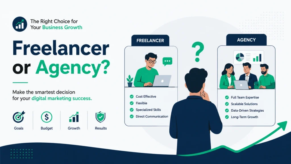 Comparison illustration showing a freelancer and agency with cost, flexibility, expertise, scalability, and business growth for choosing the Best Digital Marketing Consultant.