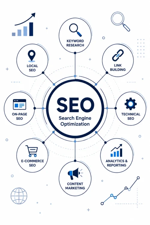SEO infographic showing keyword research, technical SEO, link building, analytics, local SEO, and content marketing by the Best SEO Services.
